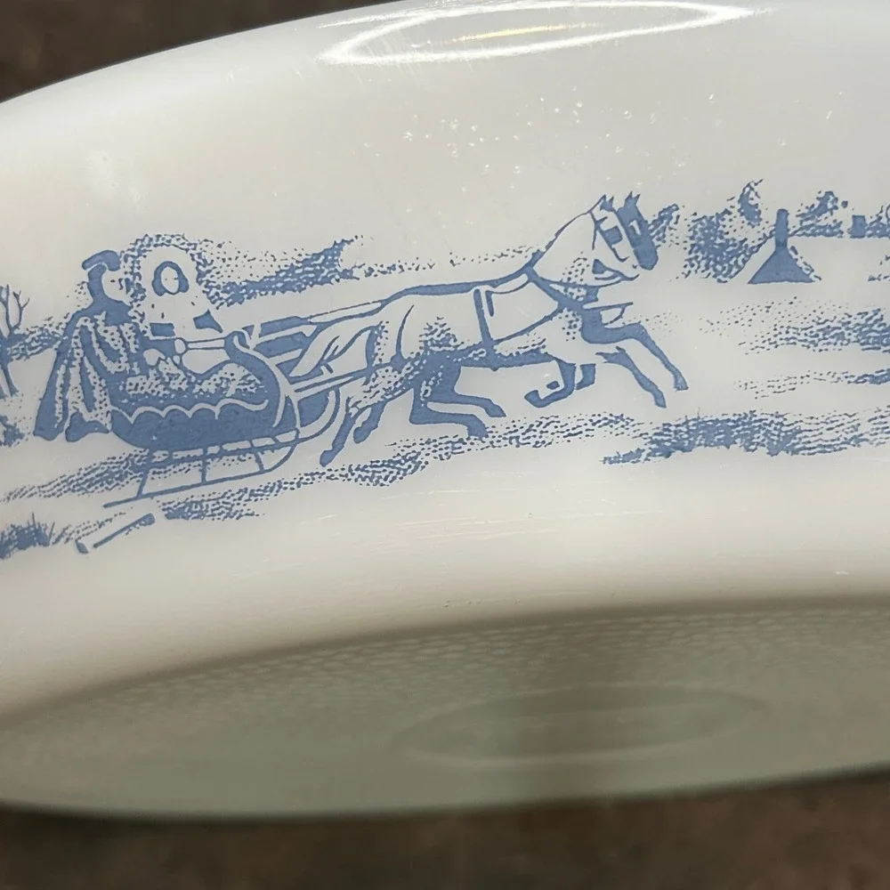 Glasbake Currier & Ives Blue Sleigh Milk Glass Divided Serving Dish Oval Cozy